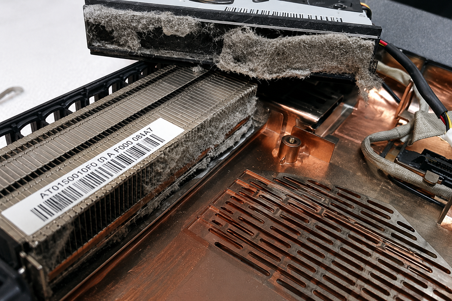 Close-up of a dirty computer cooling assembly with thick dust on the heatsink, copper chassis, wiring, and a barcode label; suggests the system needs cleaning.
