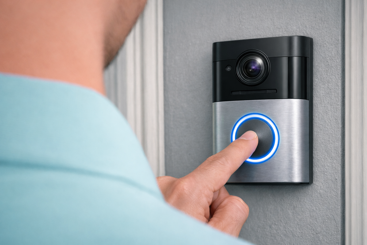 Person pressing a modern video doorbell with a blue-lit circular button on a gray door frame, signaling a visitor at the door.